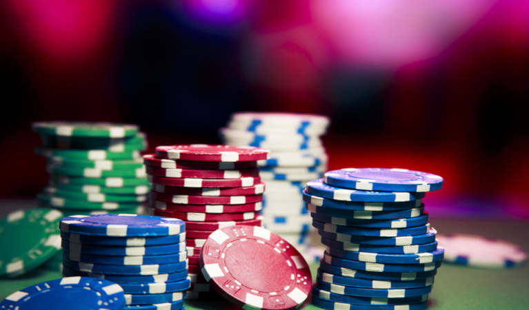 Poker chips on a table.