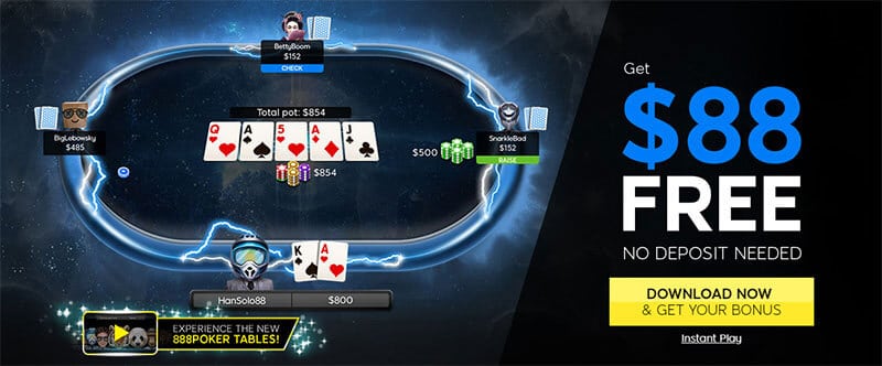 888 poker get 88 usd free, no deposit needed