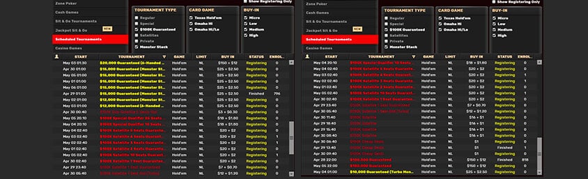 tournament interface screenshot showing poker game options