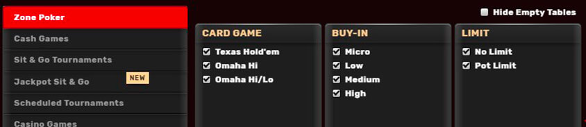 different game types from the bovada poker client