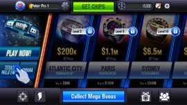WSOP mobile app main menu screen